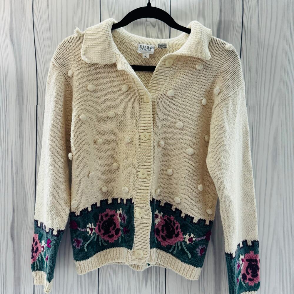 RUSS Vintage Floral Collared Cardigan 3D Polka Dots Cottage Womens Size Petite L